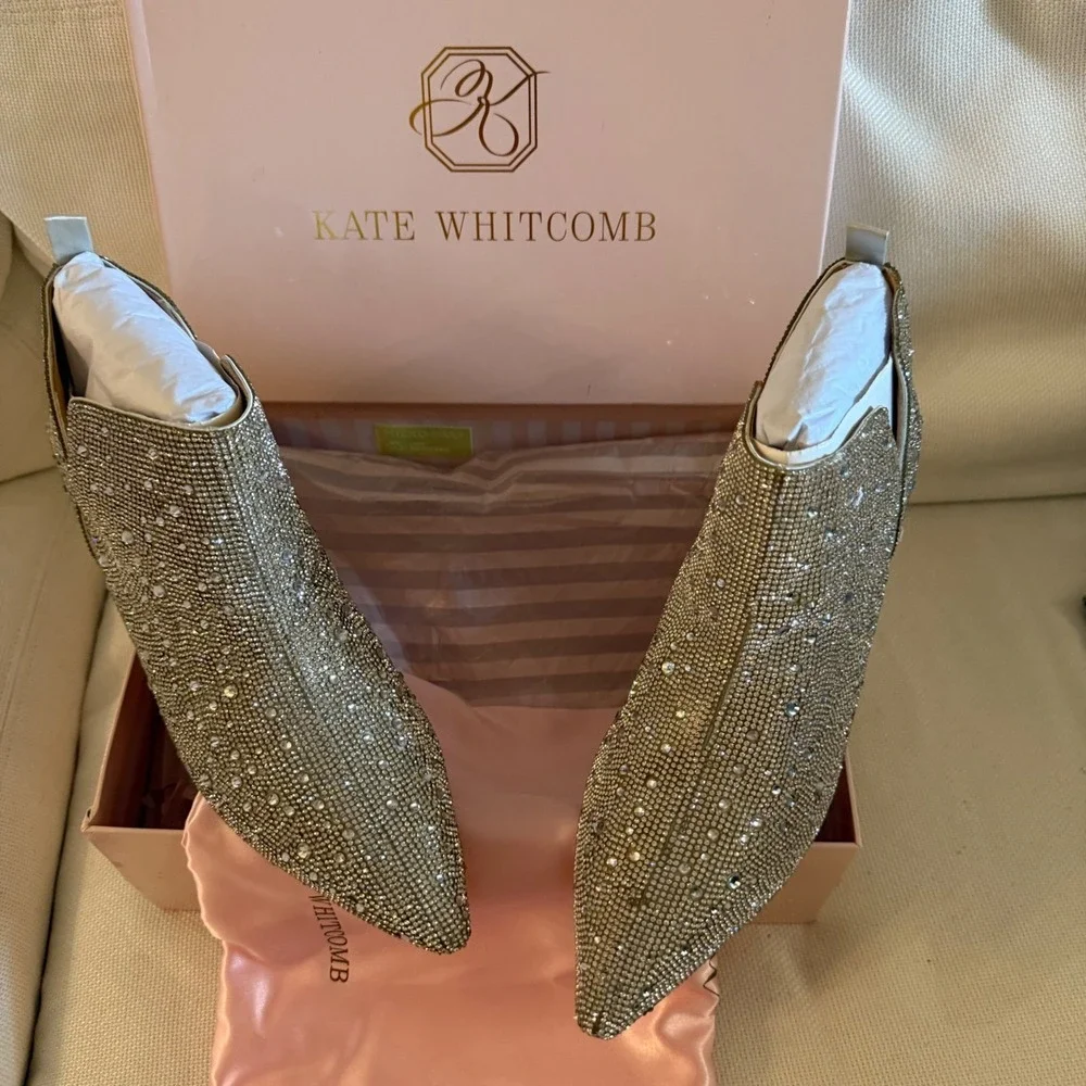 NEW Kate Whitcomb Brit Sparkly Rhinestone Boot Bootie Block High Heel Shoe Pearl